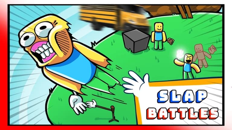 Comic-style Slap Battles scene with one player knocked backward by a glove
