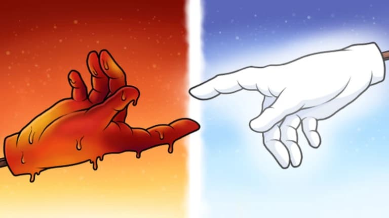 Two contrasting glove ability images, one warm red and one cool white-blue, divided down the middle