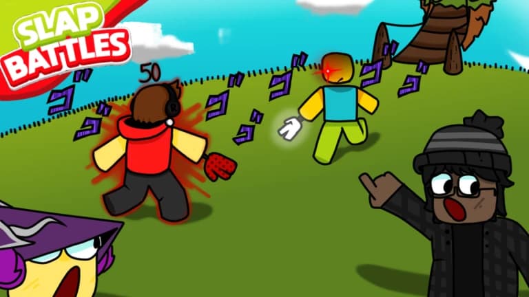 Two Slap Battles players fighting in an arena while another player watches