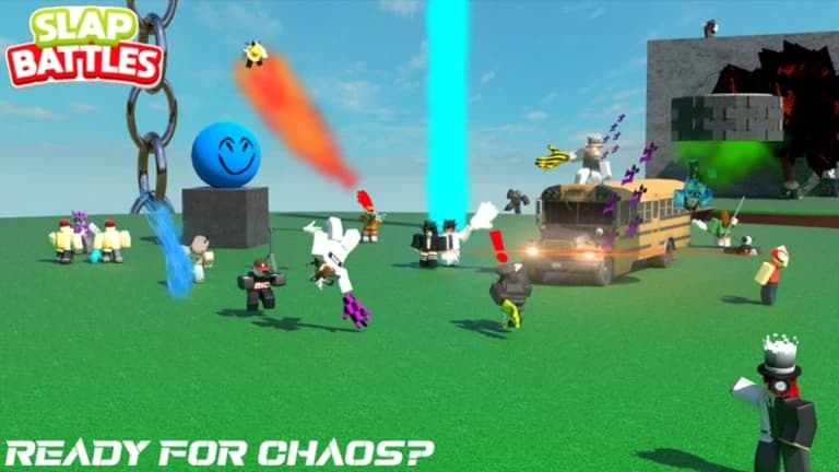 A crowded Slap Battles arena with players and abilities firing in several directions