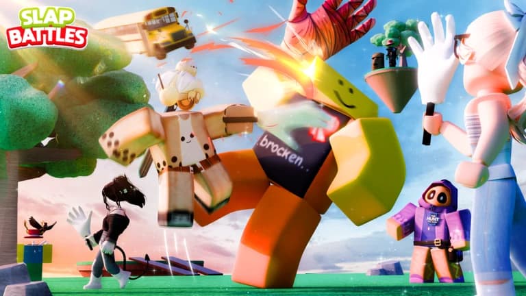 Slap Battles characters using different glove abilities around a knocked-back player