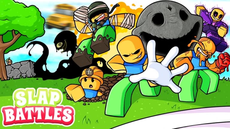 Slap Battles artwork showing several characters and a large white glove in a bright arena scene